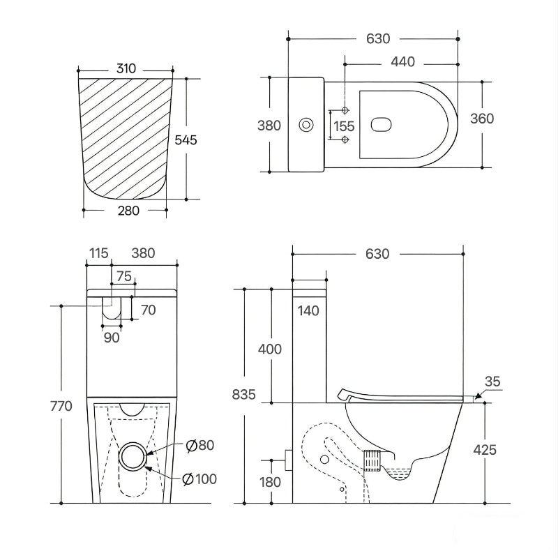 Technical drawing of a toilet with dimensions labeled