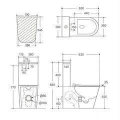 Technical drawing of a toilet with dimensions labeled