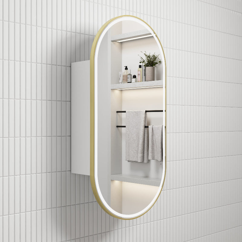 Monaco LED Matte White Shaving Cabinet with Brushed Gold Frame