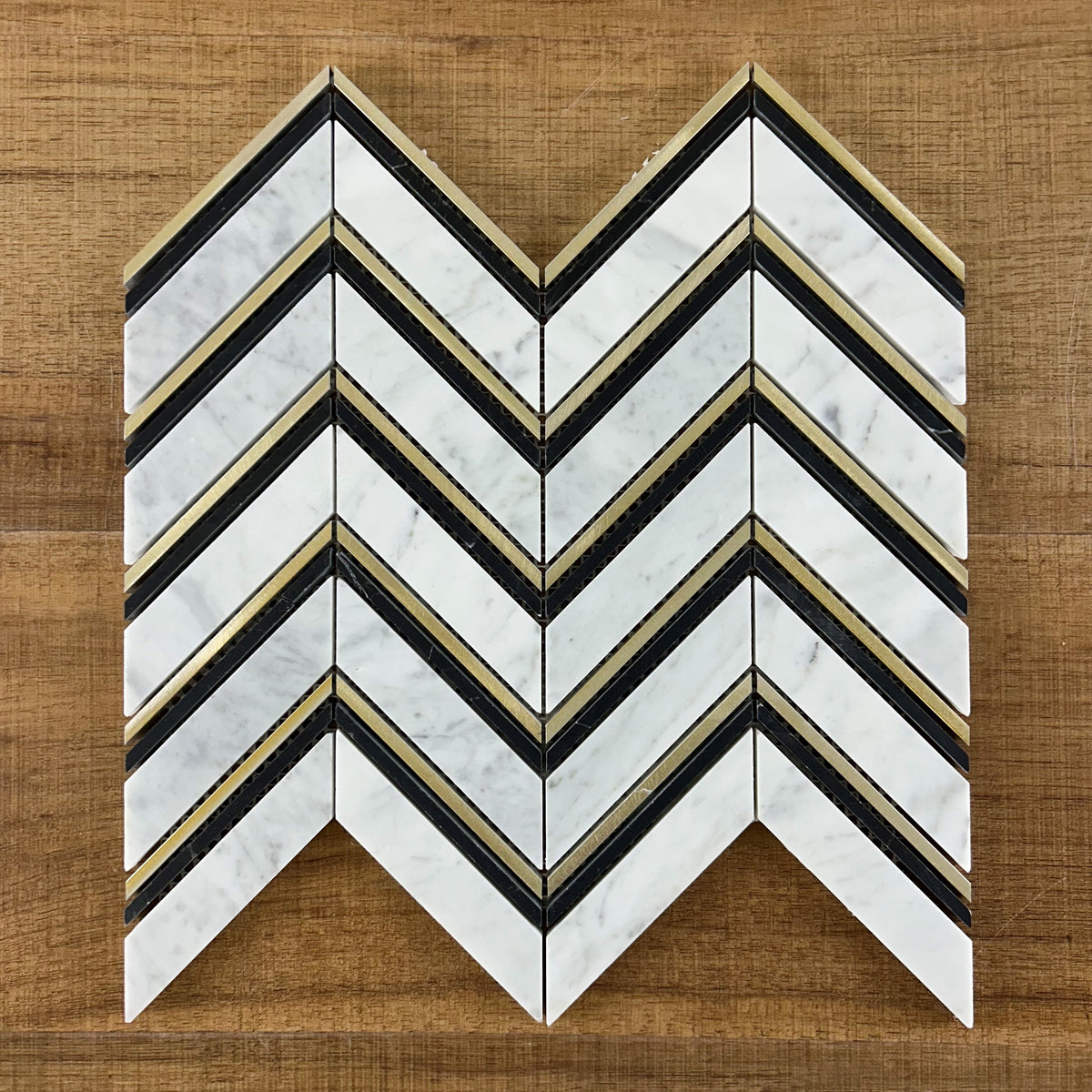 Chevron Carrara + Nero + Gold Honed Mosaic