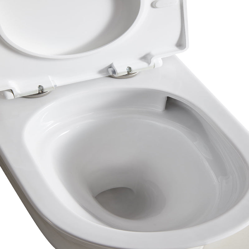 Close-up of a white toilet bowl with seat up on a white background