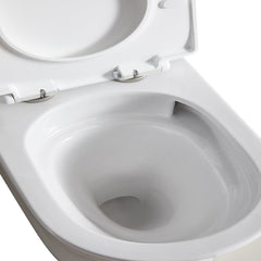 Close-up of a white toilet bowl with seat up on a white background