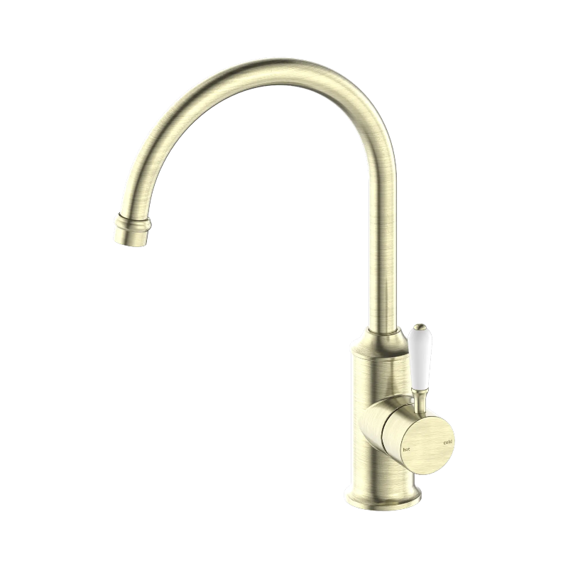 Nero York Kitchen Mixer Gooseneck Spout With White Porcelain Lever Aged Brass