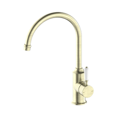 Nero York Kitchen Mixer Gooseneck Spout With White Porcelain Lever Aged Brass