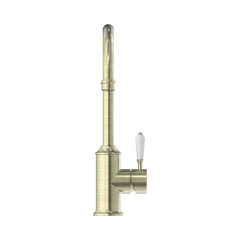 Nero York Kitchen Mixer Gooseneck Spout With White Porcelain Lever Aged Brass