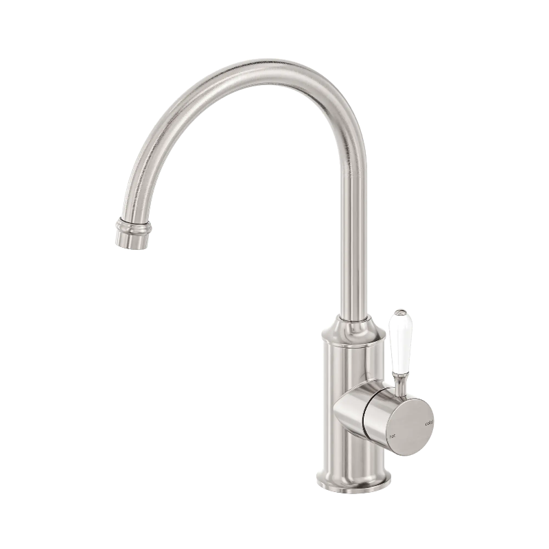 Nero York Kitchen Mixer Gooseneck Spout With White Porcelain Lever Brushed Nickel