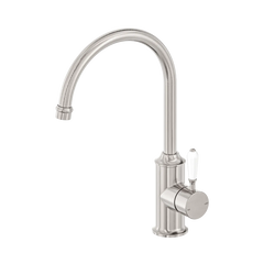 Nero York Kitchen Mixer Gooseneck Spout With White Porcelain Lever Aged Brass