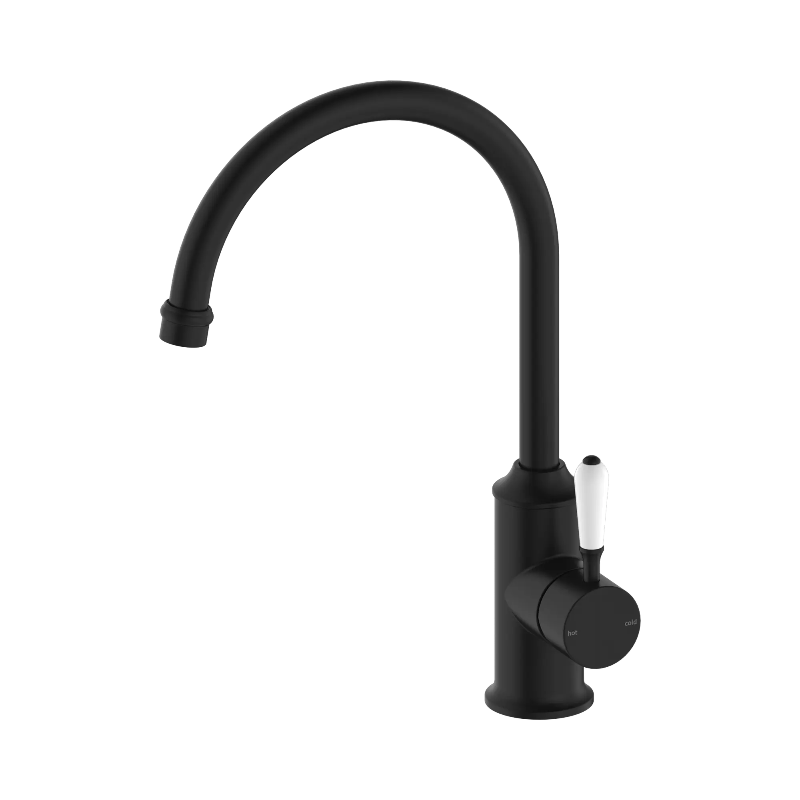 Nero York Kitchen Mixer Gooseneck Spout With White Porcelain Lever Matte Black
