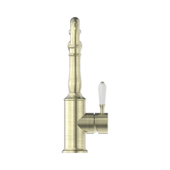 Nero York Kitchen Mixer Hook Spout With White Porcelain Lever Brushed Nickel