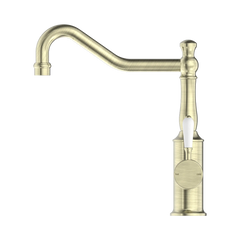 Nero York Kitchen Mixer Hook Spout With White Porcelain Lever Brushed Nickel