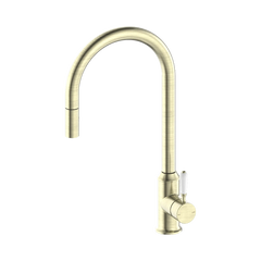 Nero York Pull Out Sink Mixer With Vegie Spray Function With White Porcelain Lever Aged Brass