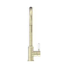 Nero York Pull Out Sink Mixer With Vegie Spray Function With White Porcelain Lever Aged Brass