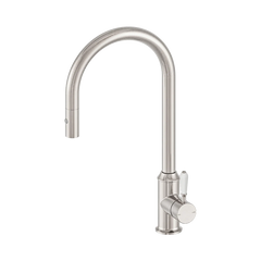 Nero York Pull Out Sink Mixer With Vegie Spray Function With White Porcelain Lever Aged Brass