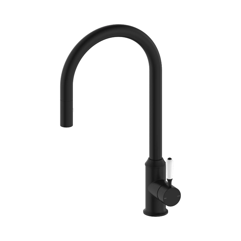 Nero York Pull Out Sink Mixer With Vegie Spray Function With White Porcelain Lever Matte Black