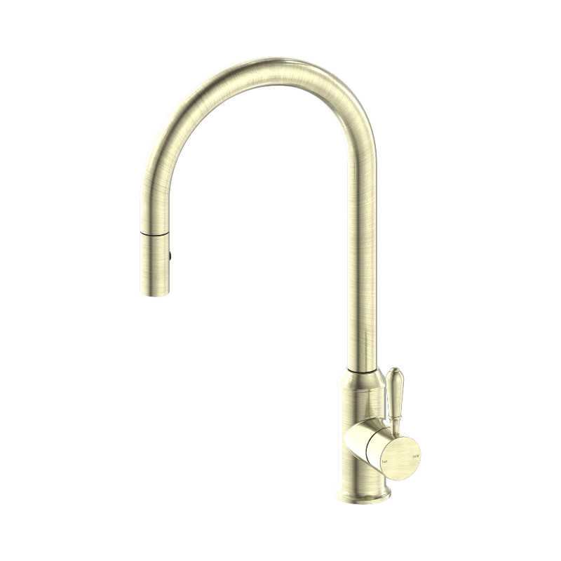 Nero York Pull Out Sink Mixer With Vegie Spray Function With Metal Lever Aged Brass