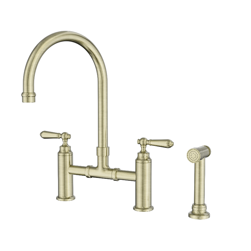 Nero York Bridge Kitchen Set With Hand Spray Aged Brass