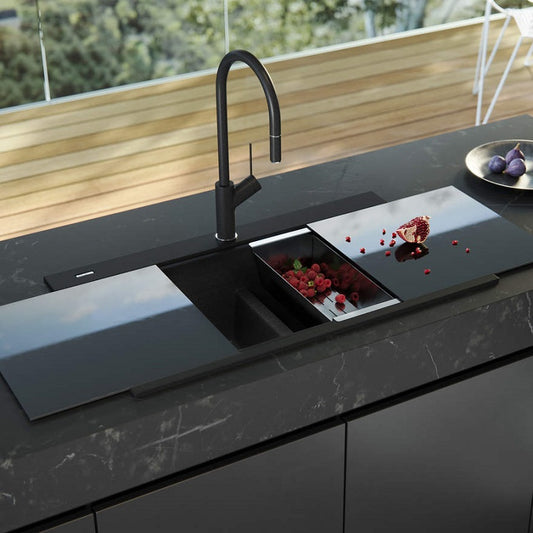 Oliveri Santorini Black Double Bowl Topmount Sink with Glass Top