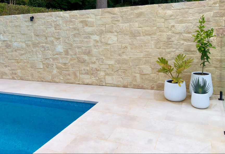 Crema Siena Sandblast and Tumbled Limestone 610x406x30/60mm Drop Edge