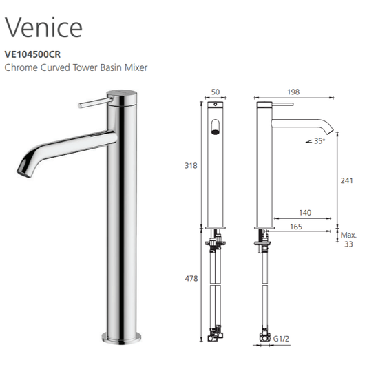 Oliveri Venice Curved Tower Basin Mixer Brushed Nickel