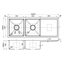 Arden Double Bowl Single Drainer Sink 1160mm