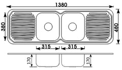 Coral Double Bowl Double Drainer Sink 1380mm