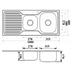 Arden 1 & 3/4 Bowl Single Drainer Sink LHB/RHB 1080mm