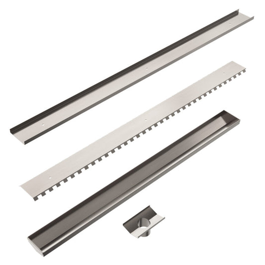 Nero Tile Insert V Channel Floor Grate 50mm Outlet With Hole Saw Brushed Nickel