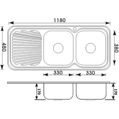 Coral Double Bowl Single Drainer Sink LHB/RHB 1180mm