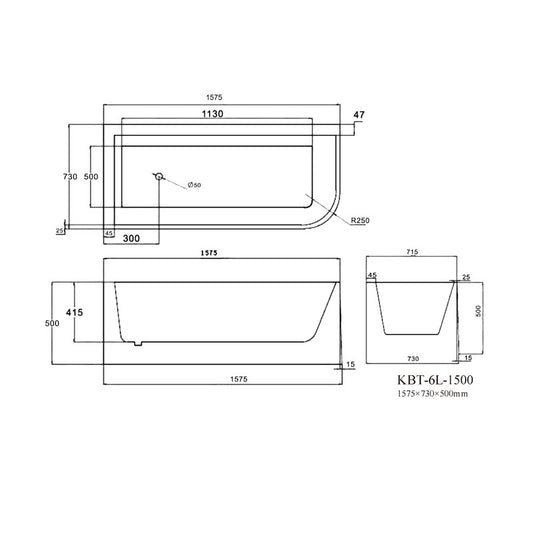 Alba Multi-Fit Left Bathtub 1500mm