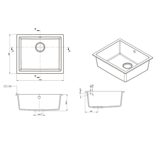 Granite Sink Single Bowl Black Graphite Finish 550mm