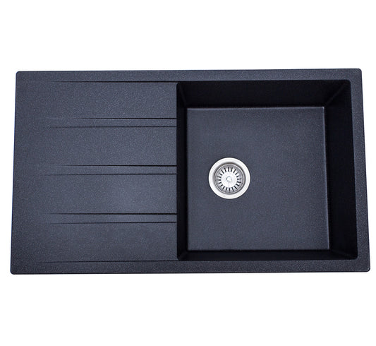 Granite Sink Single Bowl with Drainer Black Graphite Finish 860 mm