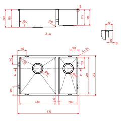 Handmade Kitchen Sink 1 &1/2 Bowl Square 670