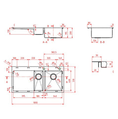 Handmade Kitchen Sink 1 &1/4 Bowl with 2 Tap Holes Round corner 1000