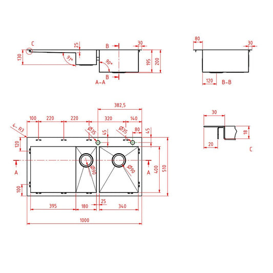 Handmade Kitchen Sink 1 &1/4 Bowl with 2 Tap Holes Square Corner 1000